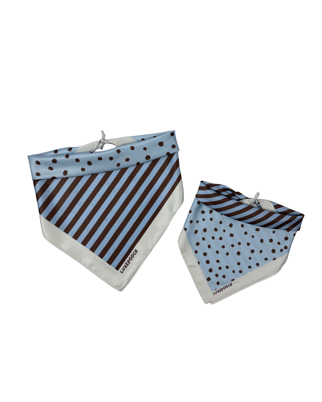 Two dog bandanas with a light blue and brown striped pattern, polka dot design, and white trim, displayed on a clean white background.