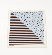A square scarf with a cream border, featuring a diagonal split design: one half has dark brown and white horizontal stripes, and the other half has dark brown polka dots on a pale blue background. The brand name 'LUXEPOOLX' is printed on the bottom left corner.