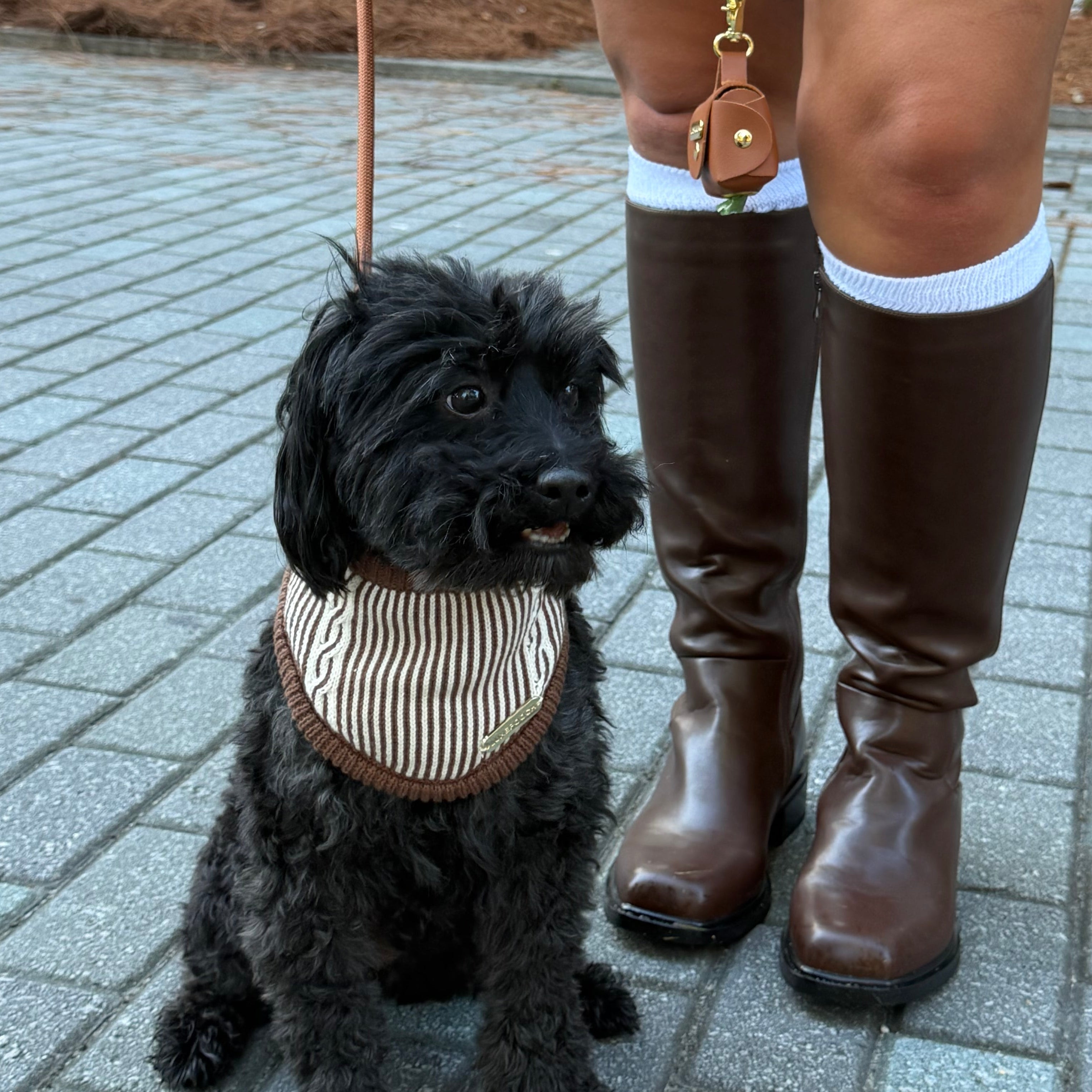 A small black dog wearing a beige and white striped bandana sits on a gray paved walkway while being held on a tan leash by a person wearing brown knee-high boots, a white skirt, and a brown jacket.