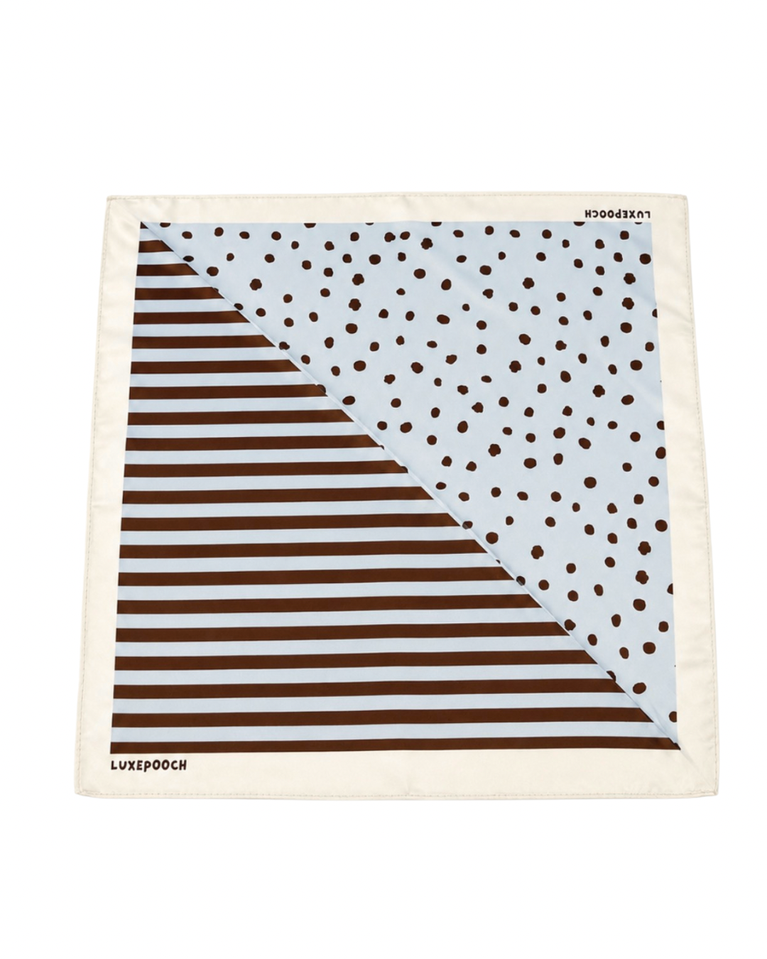 A square scarf with a cream border, featuring a diagonal split design: one half has dark brown horizontal stripes on a white background, and the other half has dark brown dots on a light blue background.