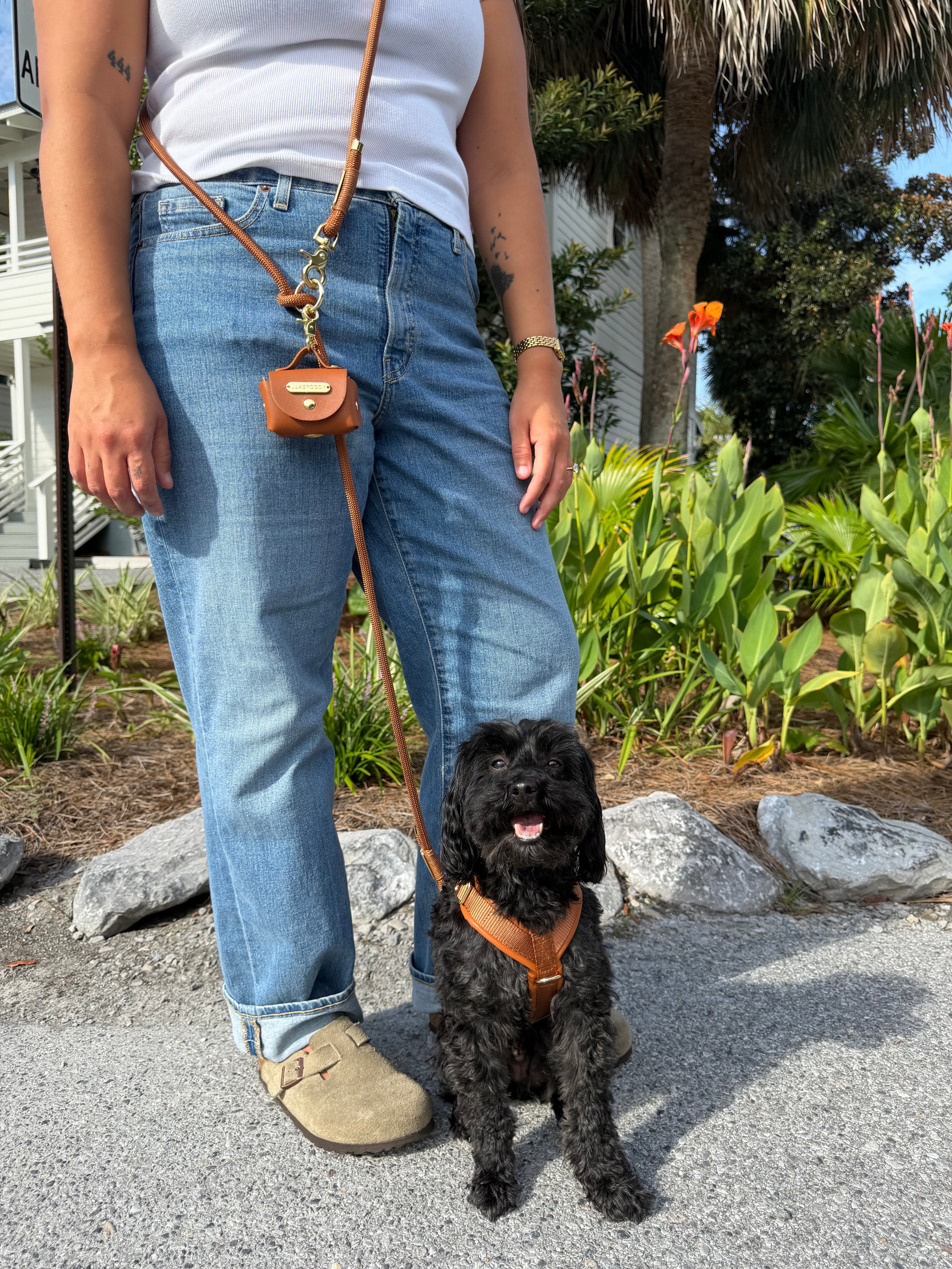 A person wearing blue jeans and a white tank top stands outdoors next to a small black dog. The person is wearing a brown leather poop bag dispenser with a matching brown leather dog harness and rope leash.