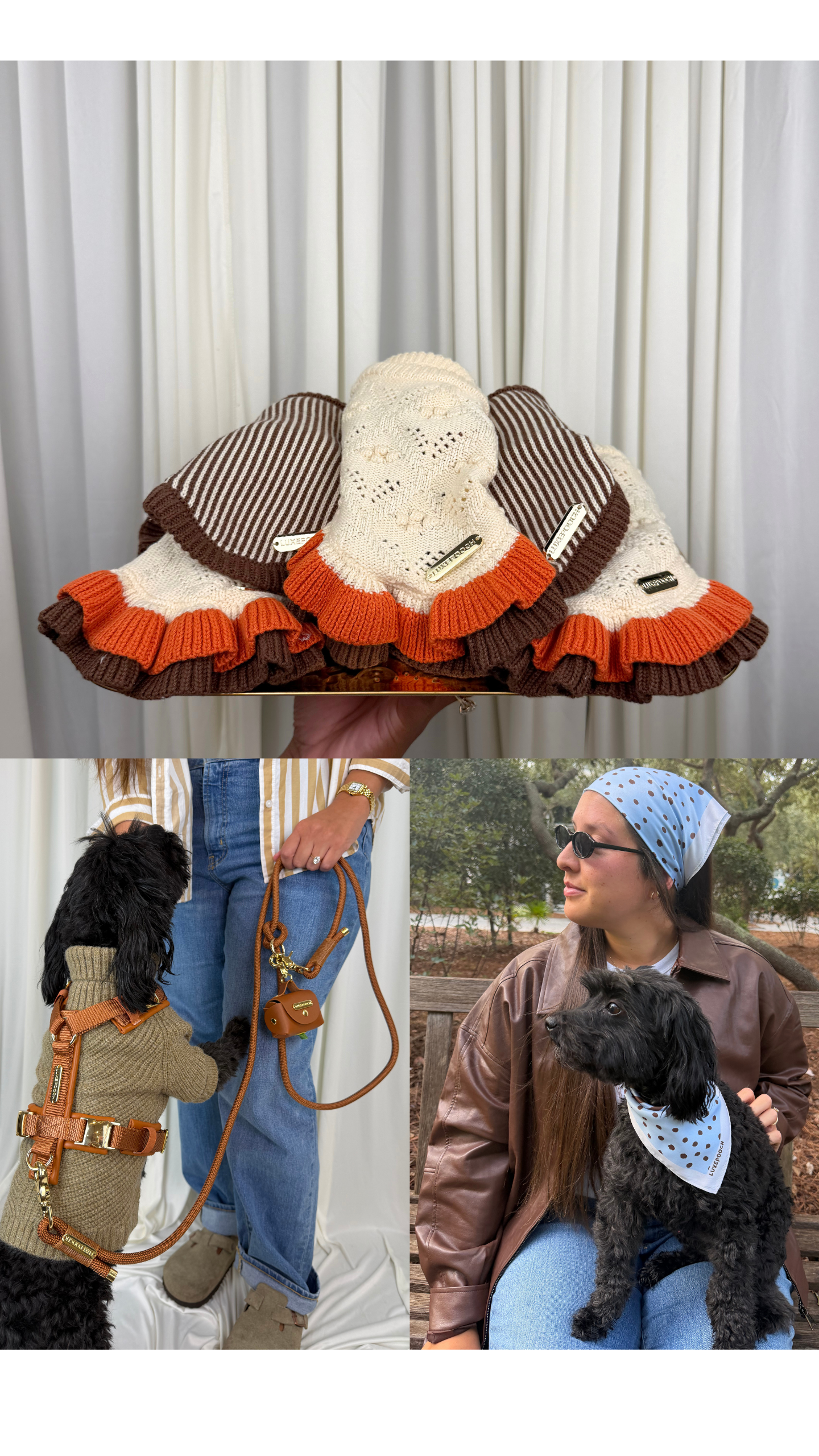 A collage showing a dog sweater vest and matching harness set in use. The top panel shows the knit vest and striped harness laid on a surface, with cream, brown, and orange colors visible.