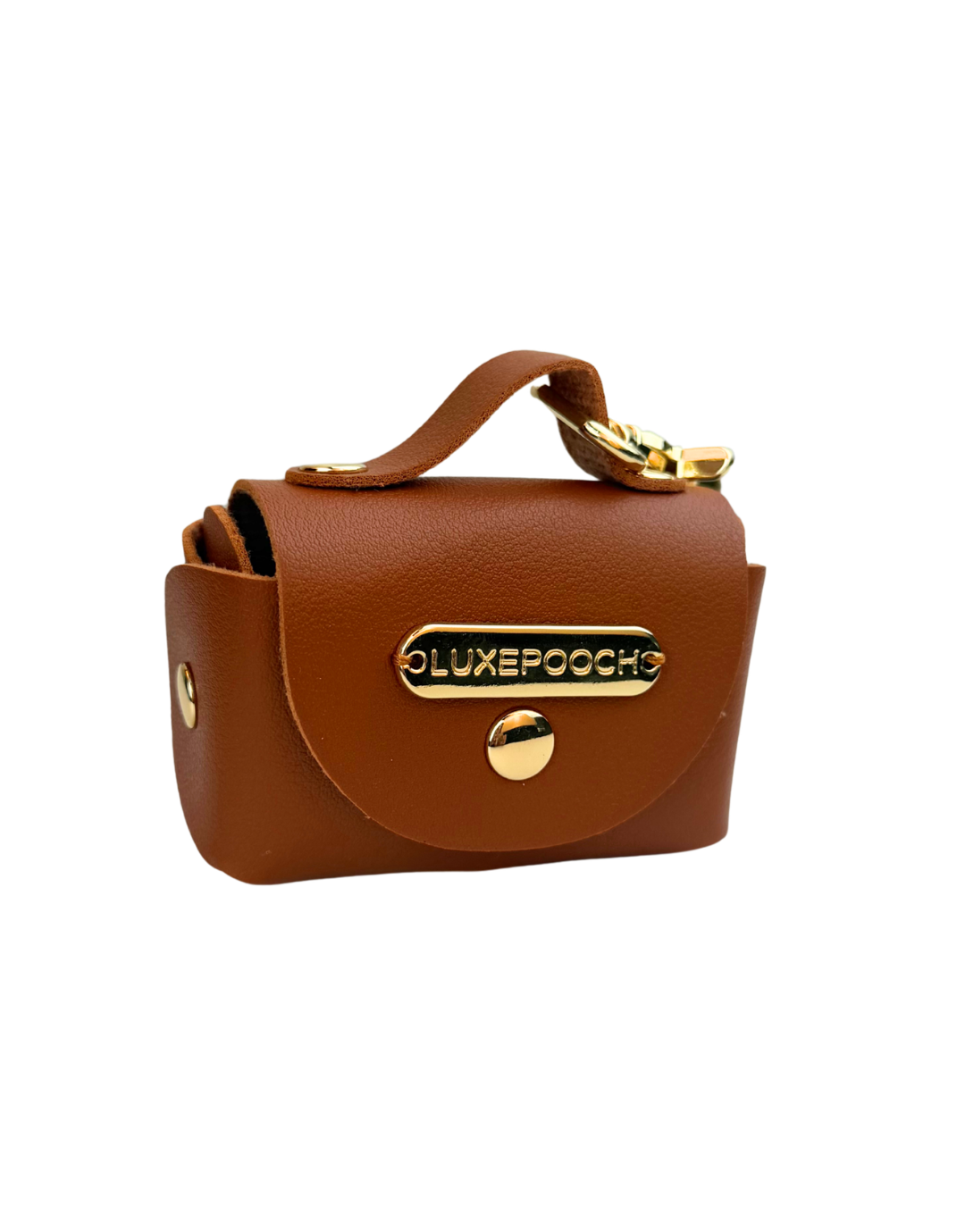 A small brown faux-leather handbag with a top handle and gold-tone hardware, featuring a prominent gold-tone brand plate that reads 'LUXEPOOCH' on the front flap.