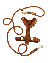 A brown dog harness and orange lead rope set with gold-tone metal hardware, displayed on a clean white background.