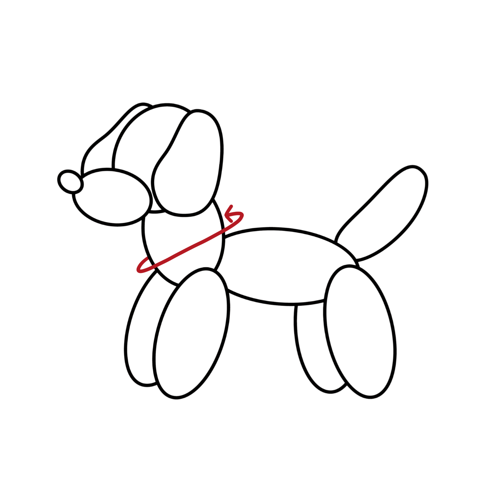 Simple line drawing of a balloon dog with a red leash on a white background