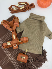 A styled flat lay of pet accessories on a white background: a ribbed taupe knit pet sweater, brown harness, matching leash, small brown poop bag dispenser, and a plaid brown blanket, with a small orange pumpkin partially visible at the top right.