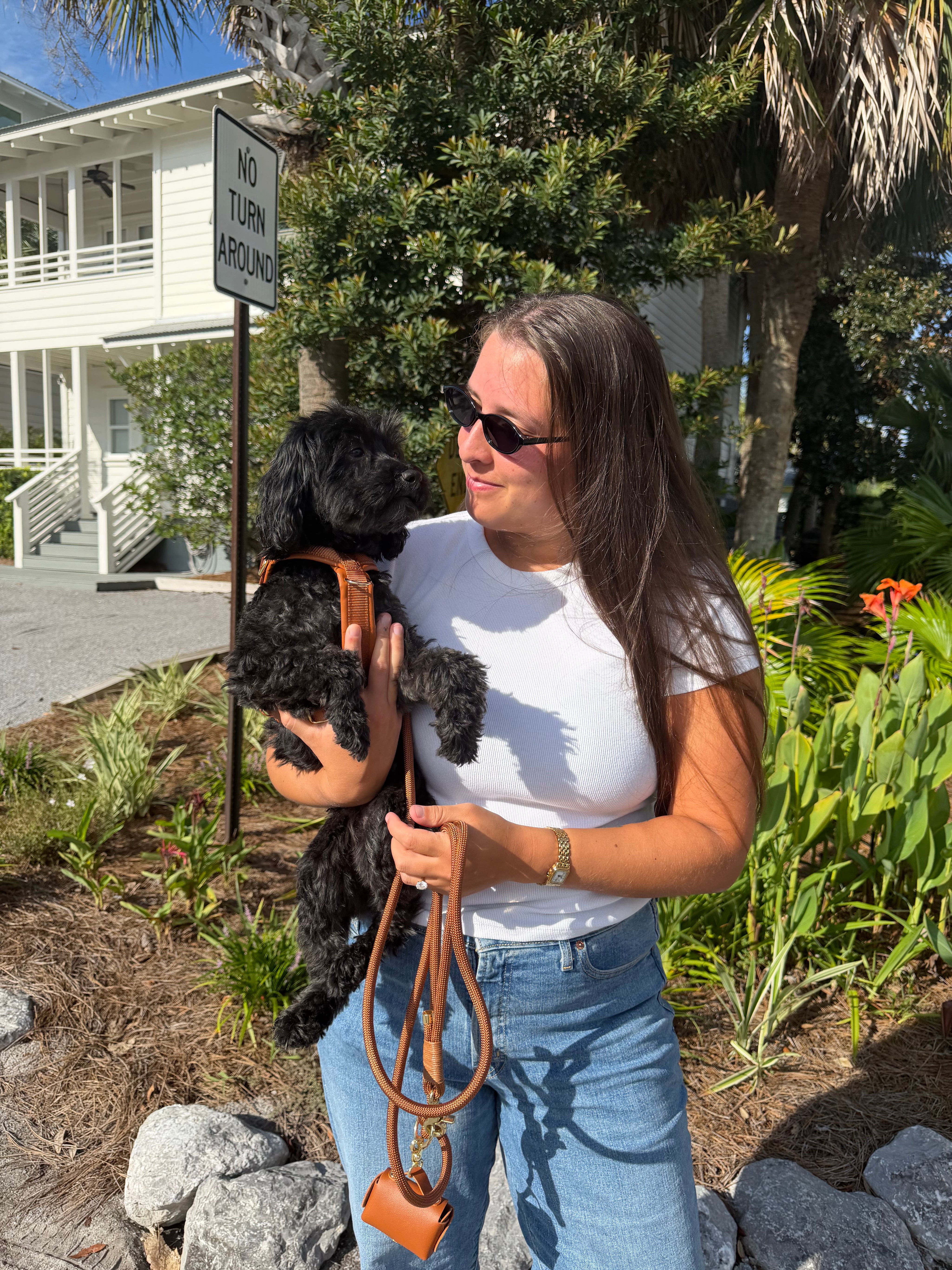 A woman wearing sunglasses, a white t-shirt, and blue jeans holds a small black dog wearing a brown leather shoulder bag outdoors in front of a house and greenery.