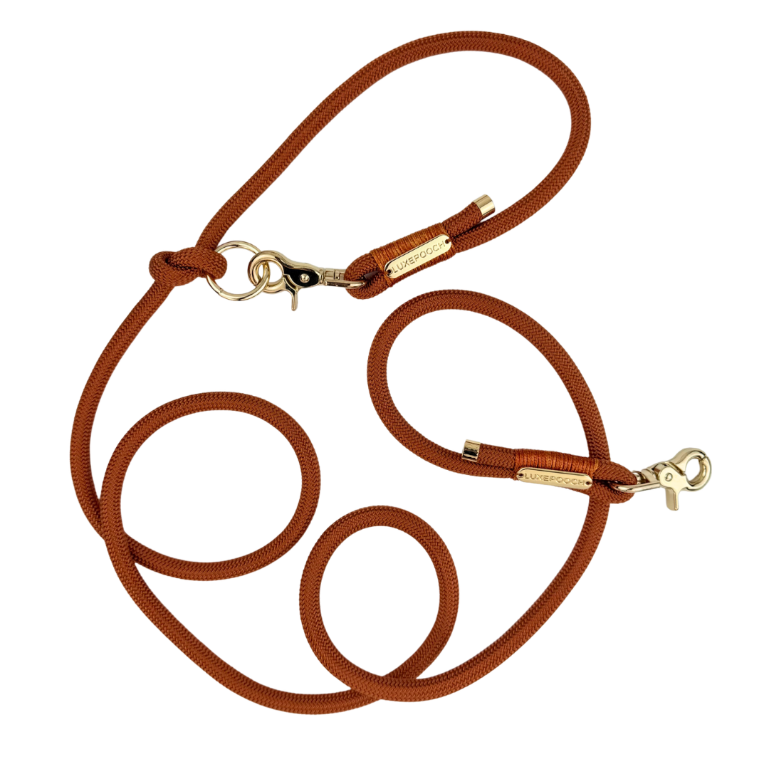 A orange braided rope dog leash with gold-tone metal hardware, including snap hooks and a small gold brand tag, displayed on a clean white background.